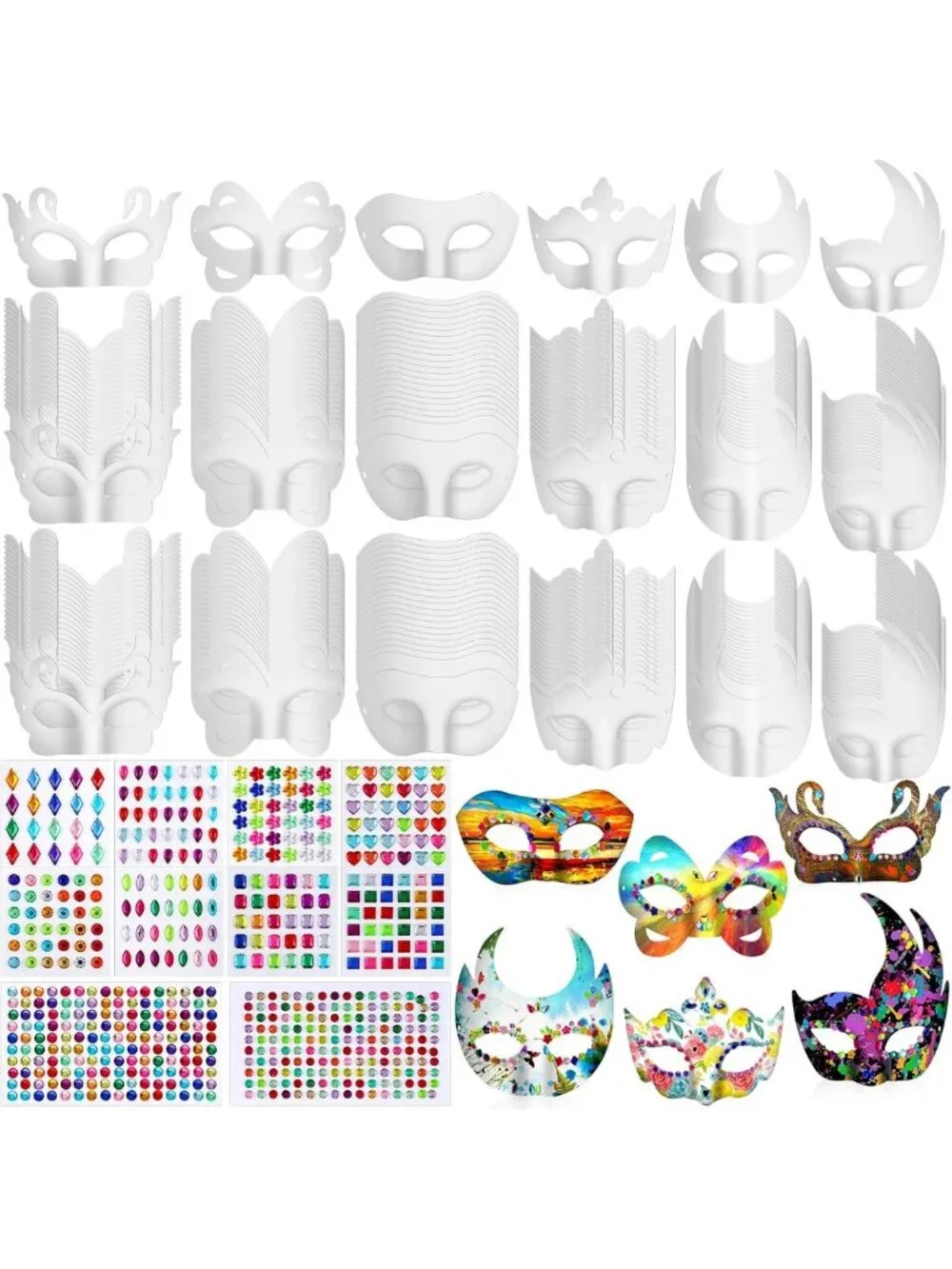 DIY Masquerade Masks - Paper Mache Craft Kit with Gem Stickers for Parties